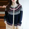 Estilo Nuevo Otoño e Invierno Cardigan Fair Isle 100% Lana Pura Chaqueta Jacquard Engrosada para Mujer Ropa de Punto Holgada Ropa de Punto Exterior