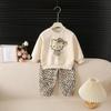 Traje de Niña de Estilo Nuevo de Primavera y Otoño para Niñas Moda Estilo Coreano Sudadera de Dibujos Animados Pantalones con Estampado de Leopardo Conjunto de Dos Piezas