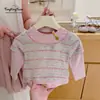 [Tongxingyuan] Rosa Névoa de Framboesa! Conjunto Duas Peças Outono para Meninas, T-shirt Listrada Doce e Fofo, Roupa de Primavera/Outono