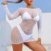 Nuevo Vestido de Malla Transparente con Diseño de Corazones Huecos Transfronterizo, Atrevido, Bodycon de Red Sedoso con Mangas Largas