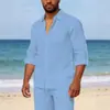Nova Camisa de Linho Masculina de Manga Longa, Camisa Casual de Praia com Caimento Solto e Colarinho, Camisa Lisa de Manga Longa