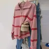 Suéter de punto 100% lana pura con cuello tipo polo, medio cierre, rayas de color contrastante, sudadera casual para mujer, estilo nuevo