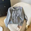 Suéter de corazón con patrón de diamantes y ribete de encaje gris para mujer, estilo coreano de invierno, con cordón y lazo, cárdigan de punto, abrigo estilo Chanel