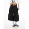 Jeans de trabajo American retro con estampado de leopardo, bolsillos de parche, pierna ancha suelta, unisex, a la moda, hip-hop, cropped