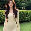 Vestido Gola Quadrada Tricô Francês Outono Novo Estilo Emagrecedor Elegante Suave Base Manga Longa Saia Curta