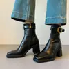 Versión de Piel de Vaca ~ Botines Cuadrados de Tacón Alto de 7 cm para Mujer, Botas Elásticas Ajustadas de Tacón Grueso, Botas Versátiles Adelgazantes para Ir al Trabajo en Invierno
