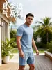 Conjunto Esportivo Casual Masculino Transfronteiriço Europeu e Americano Verão Cor Pura Raiz de Lótus Manga Curta Camiseta Masculina Shorts com Cordão Conjunto de Duas Peças