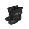 Botas curtas de couro vintage com laço para mulheres, estilo balé retrô desgastado plissado com salto empilhado e fivela de cinto, botas western
