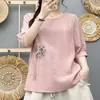 Nuevo top artístico de algodón y lino estilo chino de manga corta, jersey holgado, nueva camiseta elegante bordada de verano, talla grande para mujer