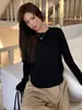 498 # Liquidación Camiseta Lil Cher Manga Larga Hombro Regular, Top Corto Ajustado Color Sólido, Camiseta Base Adelgazante de Cintura Alta