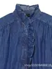 Comércio Exterior Transfronteiriço Roupas Femininas, Estilo Europeu e Americano, Design Moderno e Elegante, Blusa Camisa Jeans Lavado com Babados 1359221