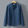 Camisa de Linho de Manga Longa para Homem Primavera e Verão, Camisa Casual de Algodão e Linho com Gola Alta, Roupa Artística Masculina, Top Estilo Chinês
