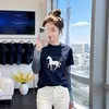 T-shirt de Malha Patchwork Estampada de Manga Longa, Novo Estilo de Primavera, Tamanho Plus Size, Top Falso Duas Peças Feminino