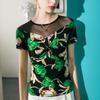 Estampado Bronzing Mesh Stitching Top Feminino de manga curta Slim-fit Sexy 2023 Verão Novo Estilo Chic T-shirt Pequena