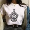 Camiseta feminina de manga curta, moda primavera e verão europeia e americana, nova, criativa, estampada com mão da sorte, gola redonda, manga curta