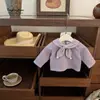 [Novedades de Otoño] ¡Pastel de Pay de Pasta de Taro! Conjunto de sudadera con pajarita súper linda y pantalón tipo linterna de lunares morados, diseño original, para niñas