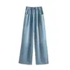 Foto real de pantalones de mezclilla Tencel de color claro talla grande para mujer, estilo de verano fino, frescos al tacto, cintura elástica, corte holgado, con caída, pantalones largos hasta el suelo para mujer