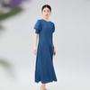 Vestido Plisado al por Mayor con Mangas Abullonadas 2024 Gama Alta Verano Color Sólido Casual Cuello Redondo Delgado Plisado Falda Larga
