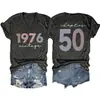 1976 Vintage Capítulo50 Amazon Ebay Sitio Independiente Moda Versátil Camiseta de Manga Corta con Cuello en V para Mujer