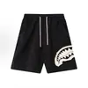 Shorts Masculino Azul Marinho com Patch de Boca de Tubarão Verão Solto Respirável Calça Reta Calça Esportiva Casual