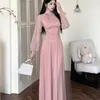 Vestido Novo de Renda Patchwork com Mangas Bufantes Estilo Francês para Primavera, Outono e Verão, Vestido Longo Fluido de Cintura Alta Estilo Fada para Mulheres