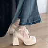 Zapatos Mary Jane de tacón alto para mujer, primavera 2024, recién llegados, estilo francés, punta redonda, charol blanco perla, tacón grueso.