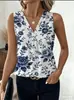 Novo top de verão feminino sem mangas com decote em V e estampa transfronteiriça europeia e americana para meia-idade e idosos, feito de chiffon