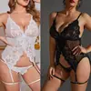 Estilo Europeo y Americano Deseo Puro Escote Profundo Malla Transparente Encaje Liguero Ajustable Cintura Baja Conjunto de Lencería Sexy 831