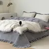 Juego de funda de edredón de algodón y forro polar con ribete de encaje 2026, juego de ropa de cama de cuatro piezas, funda de edredón 100% algodón, algodón puro y forro polar, estilo otoño/invierno