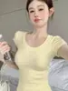 Camiseta morada de verano de manga corta para mujer, cuello en U, nuevo corte ajustado, adelgazante, sexy, top de manga corta para chica atractiva