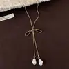 Collar Colgante de Lazo y Perlas Estilo Coreano para Mujer, Cadena Larga Decorativa Versátil para Suéteres de Otoño e Invierno