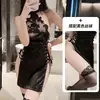 Lingerie Sexy Desejo Puro Cheongsam Gola Halter Tentação Paixão Costas Vazadas com Tiras Fenda Alta Não Precisa Tirar Uniforme Conjunto Feminino