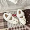 Sapatilhas Mary Jane fofas estilo coreano para mulheres, coleção de inverno 2022, design de bolinhas, sola reta, forradas com fleece para aquecimento, sapatos de algodão versáteis para mulheres