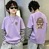 Camiseta de algodón de manga larga estampada para niños, moderna y sencilla, camiseta básica de retazos a rayas estilo coreano, top de imitación de dos piezas, estilo ins