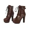 Botas Femininas de Couro Outono/Inverno com Tiras Cruzadas, Bico Redondo, Cano Curto, Plataforma Impermeável e Salto Super Alto, Versátil, Salto Grosso, Moda de Comércio Exterior, Tamanho Plus Size
