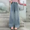 Calça jeans para meninas, coleção primavera e outono, para meninas mais velhas, calça casual estilo coreano, corte solto, perna larga, com adornos de strass, calça infantil de outono