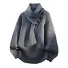 Otoño e Invierno Nuevo Suéter de Punto con Cuello Chal para Hombre Unisex Estilo Bufanda con Hebilla Diagonal Camisa Base Suelta