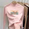 Camisa base de outer wear para meninas em fleece dupla face, nova blusa casual com estampa de desenho animado, camiseta de gola semi-alta, mangas compridas escovadas