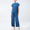Conjunto de Roupa Miyake Especial para Mulheres Top Plissado de Manga Curta de Alta Qualidade Calça Casual Conjunto de Duas Peças da Moda Verão Novo