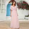 Elegante e Gracioso Vestido de Noite Rosa de Chiffon com Decote em V, Cintura Marcada e Saia Fluida, Vestido de Madrinha Transfronteiriço, Modelo Longo