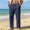 Comercio Transfronterizo Europeo y Americano Lino Suelto para Hombre Casual Vacaciones Playa Transpirable Bloqueo de Color Estilo Étnico Modernos Pantalones de Pierna Recta
