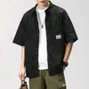 Camisa de Trabajo de Manga Corta de Algodón Verde Militar Fina de Verano para Hombre Estilo Japonés Retro Holgada de Media Manga