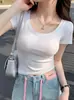 Camiseta de Color Sólido con Cuello Redondo y Hombros Descubiertos para Mujer, Verano, Algodón Puro Elástico, Combinable con Todo, Corte Ajustado, Adelgazante, Estilo Spice Girls, Cubre-carne, Manga Corta para Mujer