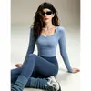 Conjunto de Yoga com Calça Longa Feminina, Decote Quadrado, Manga Longa, Cintura Alta, Calça Esportiva Casual, Conjunto de Duas Peças para Treinamento Profissional de Pilates
