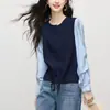 Suéter de punto de manga larga a rayas estilo universitario otoño e invierno para mujer, jersey de cachemira de dos piezas falsas empalmadas con cuello redondo para mujer