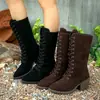 Otoño/Invierno 2026 Botas Largas Nuevas Botas Marrones Tacón Grueso Casual Con Cordones Hasta la Rodilla Charol Botas de Tacón Alto para Mujer