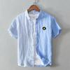 Camisa de Lino y Algodón con Cuello a Juego de Colores Japonesa para Hombre, Manga Siete Octavos a la Moda, Estilo Coreano, Manga Siete Octavos, Lino, Camisa de Manga Media