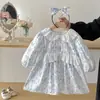Ropa para Bebé 2026 Otoño Moda para Niñas Mameluco de Encaje Elegante Vestido Azul con Moño para Niña Outfits de Hermanas