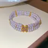 Pulseira de Rede Azul Dourada com Flor de Vidro Pérola Zircônia Brilhante Pulseira Elegante de Luxo Leve Joia de Mão Versátil da Moda