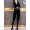88185 Da Ai Mei Yi Yuan 2026 Nueva Moda Negro Manga Larga Cuello en V Ajustado Top y Pantalones Harem Adelgazantes Ropa de Mujer